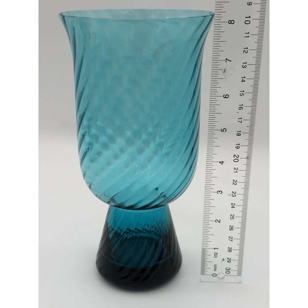 Empoli Italy Handblown Art Glass Diamond Optic Teal Pedestal Vase 8.5” Swirl